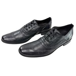 John Varatos Black Leather Wingtip Lace Almond Toe Up Shoes Size 10.5 Italy